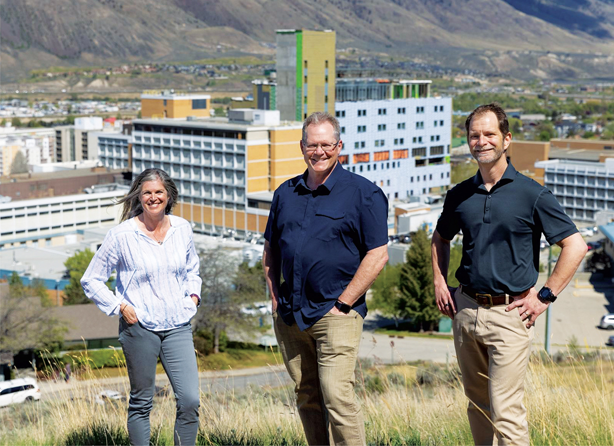 Rhonda Eden, project lead, Dr Graham Dodd, family physician lead, and Colin Swan, Interior Health emergency management coordinator, in Sahali Terrace Nature Park overlooking Royal Inland Hospital in Kamloops