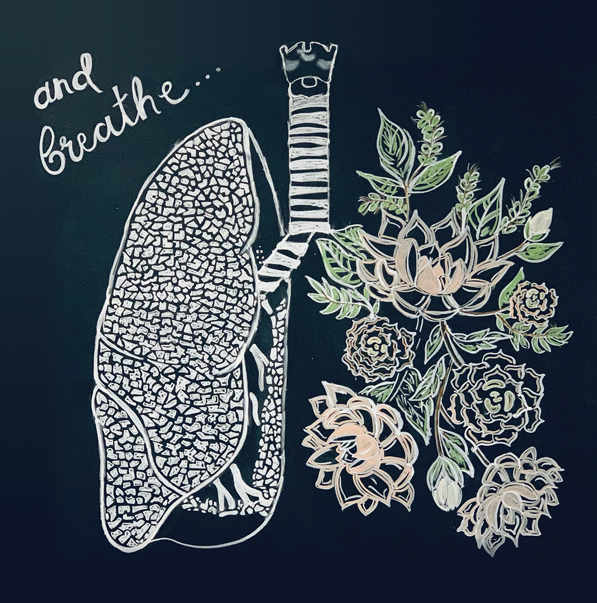 A chalkboard-style drawing of the lungs, with one side replaced by a bunch of flowers