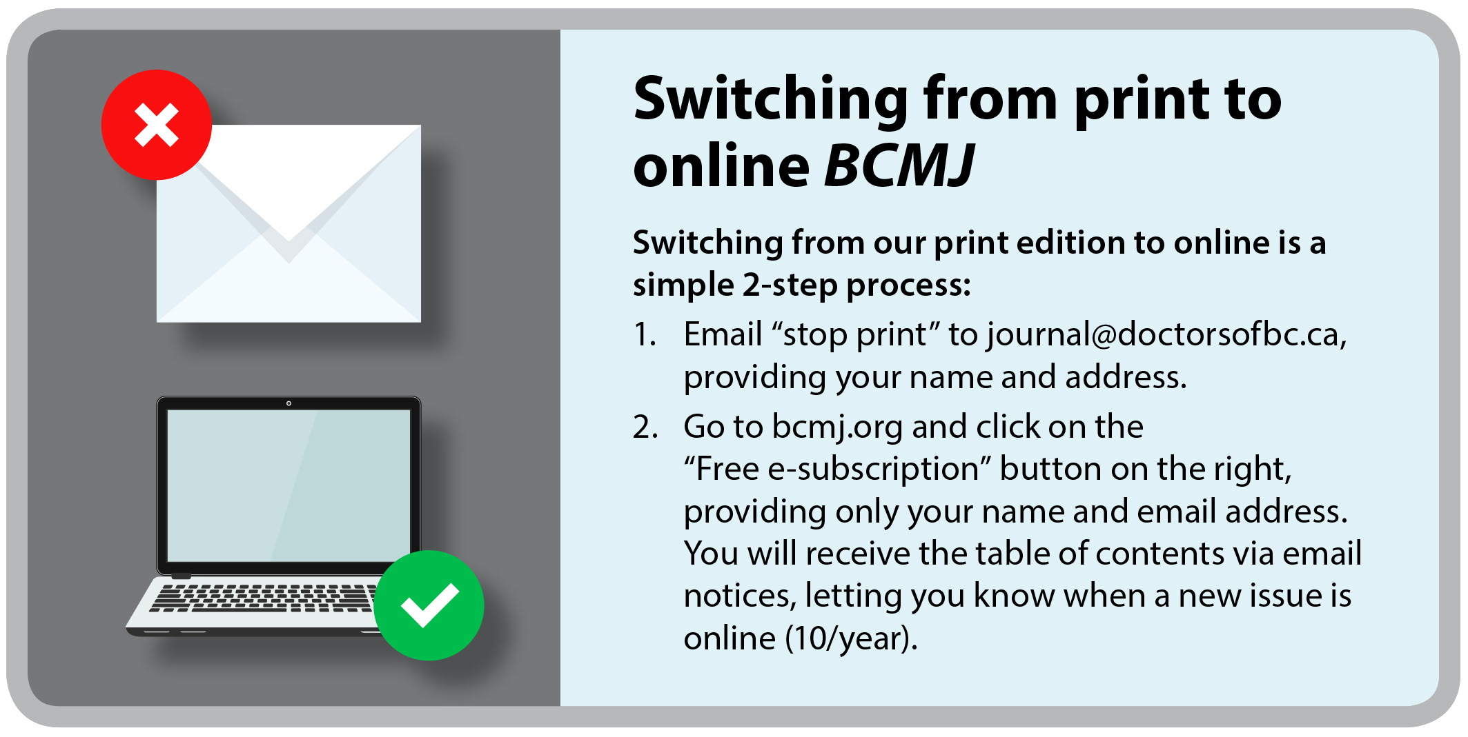 An infographic with instructions to switch to e BCMJ e-subscription