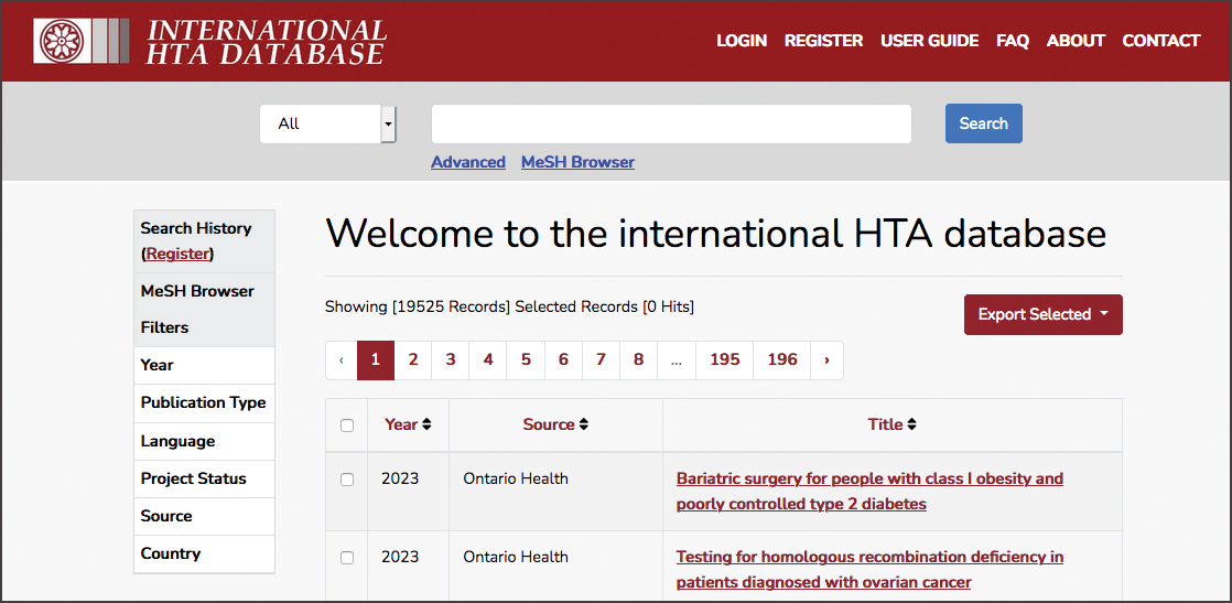 A screenshot of the International Network of Agencies for Health Technology Assessment database at https://database.inahta.org/