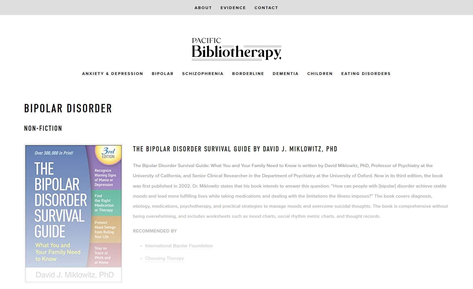 A screenshot of a portion of the bipolar category of the Pacific Bibliotherapy website.