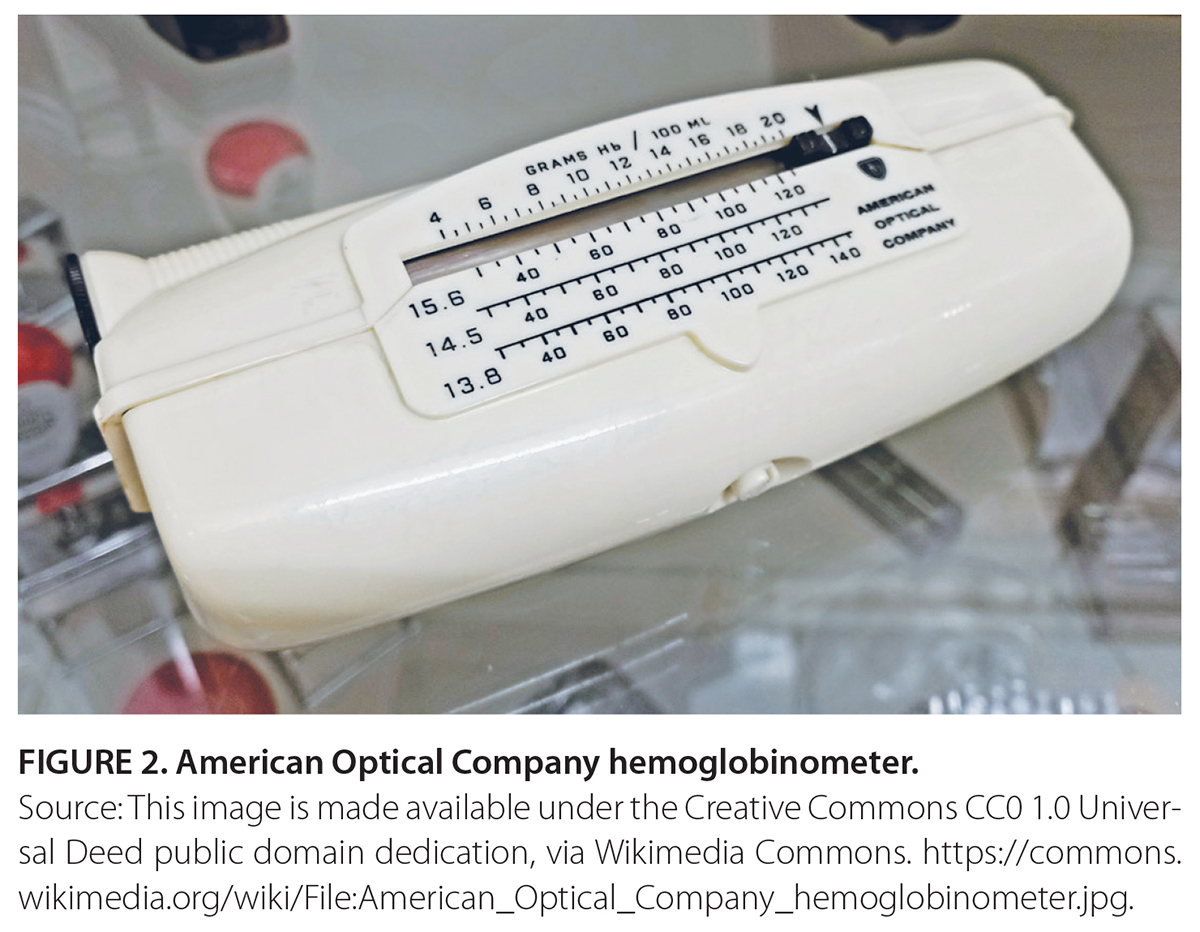 FIGURE 2. American Optical Company hemoglobinometer. Source: This image is made available under the Creative Commons CC0 1.0 Universal Deed public domain dedication, via Wikimedia Commons. https://commons. wikimedia.org/wiki/File:American_Optical_Company_