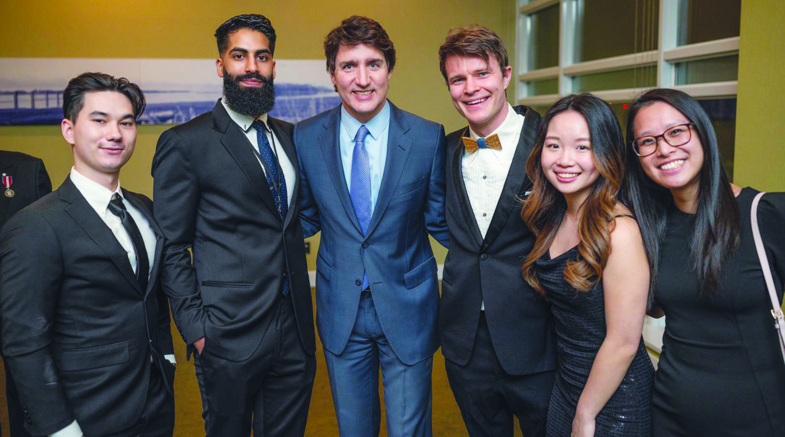 Dr Lee Treanor, Dr Joban Bal, Prime Minister Justin Trudeau, Dr Philip Edgcumbe, Ms Elsie Wang, and Dr Salina Kang at the Vancouver Medical Association Osler Dinner..