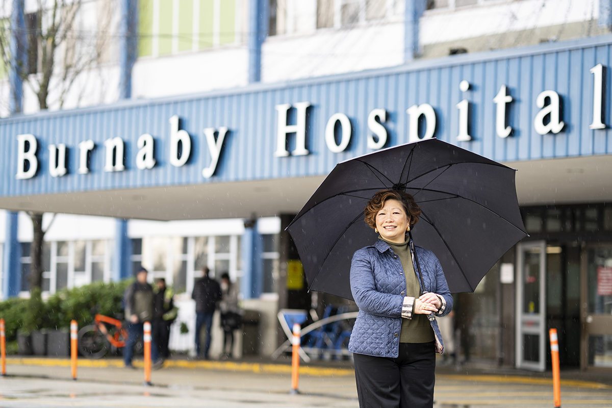 Dr Charlene Lui in front of Burnaby Hospital.