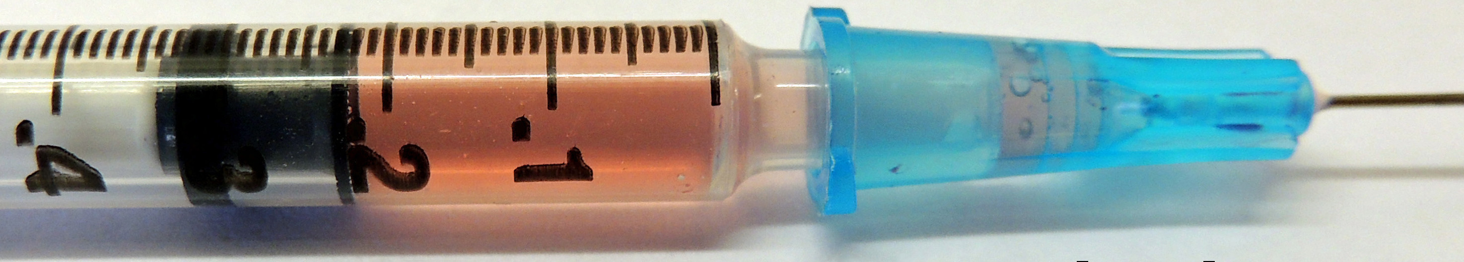 Figure 4. Withdrawal of fluid to the 0.22 mL mark, recognizing that 0.08 mL is still in the dead space. Total fluid withdrawn = 0.30 mL.