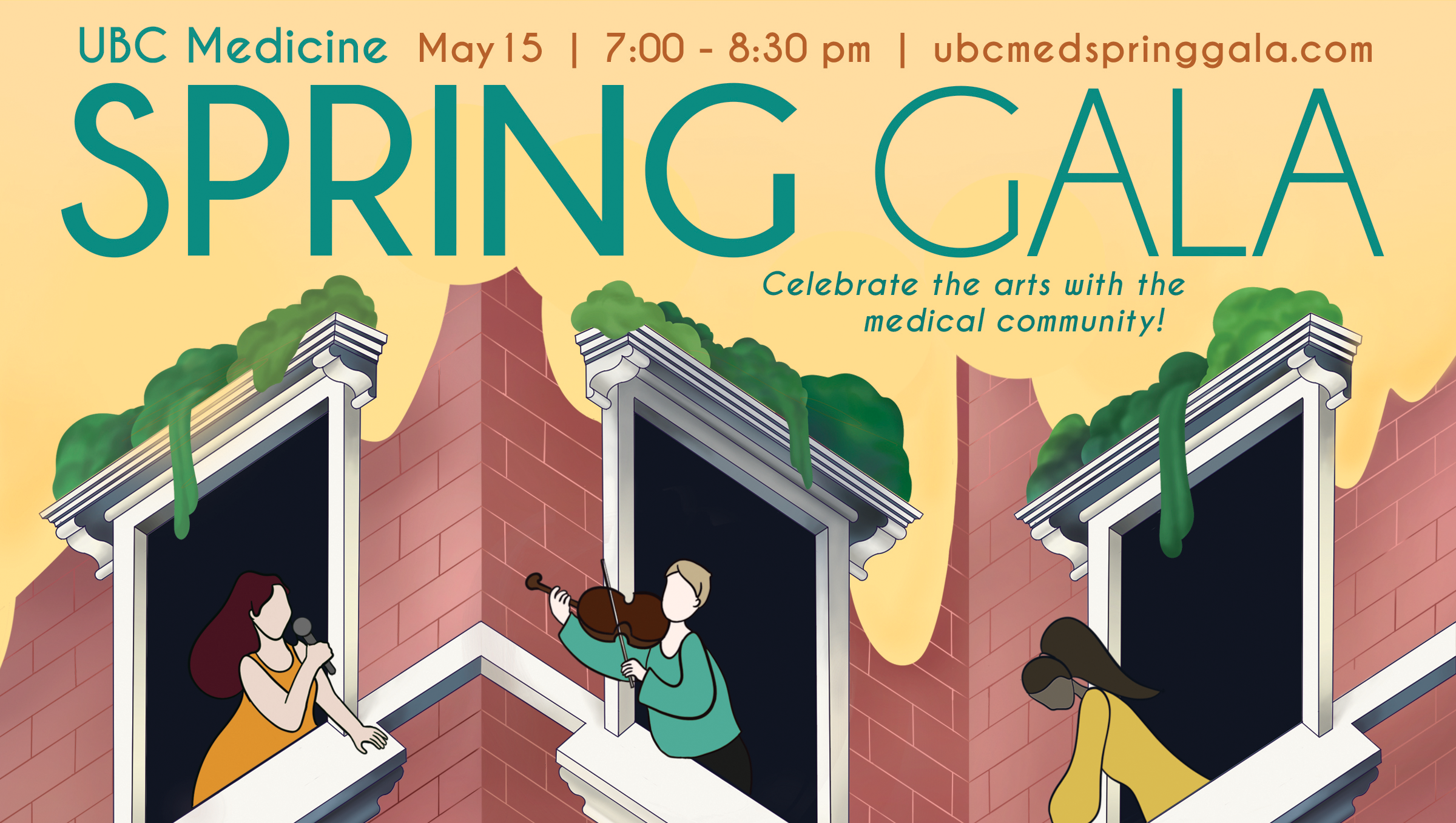 An ad with the words "Spring Gala" and people leaning out of apartment windows singing and playing a violin