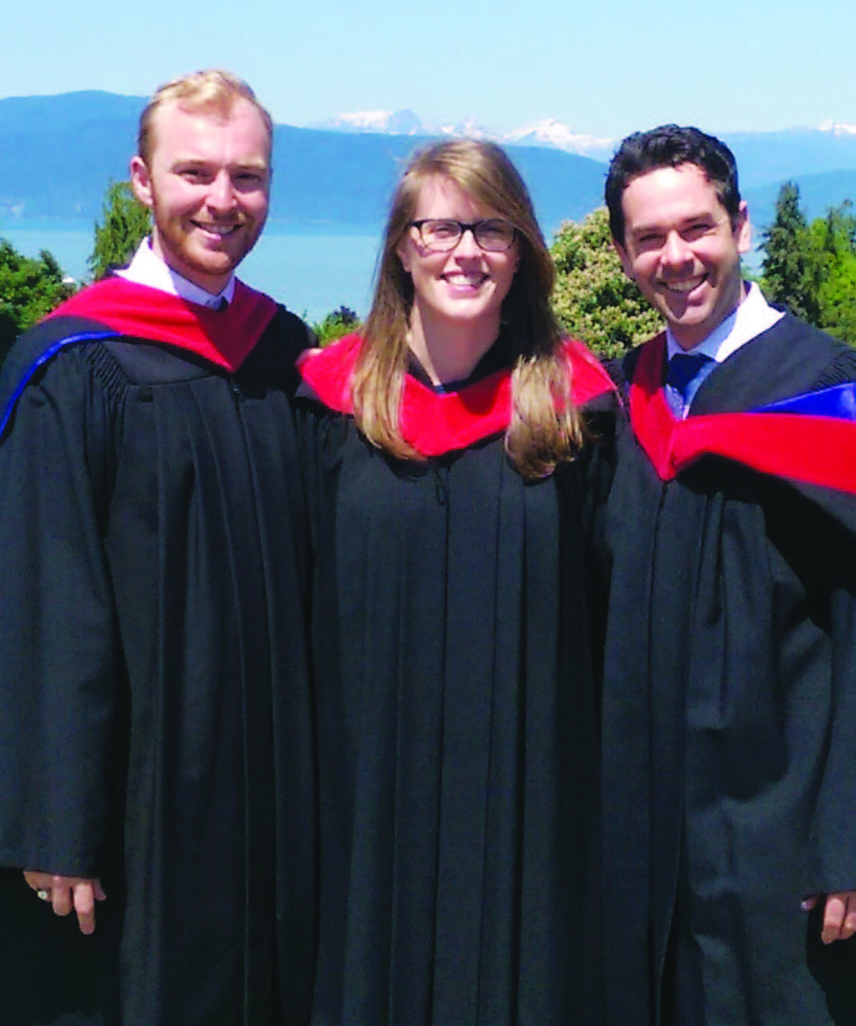 From left to right, Drs Alexander Dodd, Emma Dowds, and Justin Burton at the UBC MD graduation on 23 May 2018.