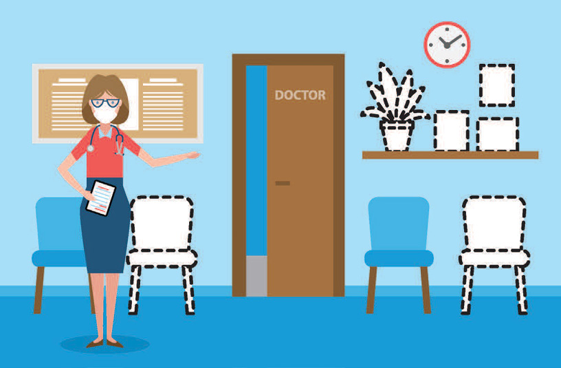An illustration of a masked doctor in the office waiting area