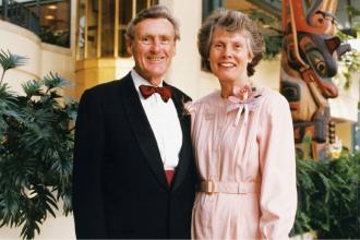 Dr Angus Rae with his wife, Dr Ann Skidmore, receiving the BCMA Silver Medal of Service at the Victoria Conference Centre (1998).