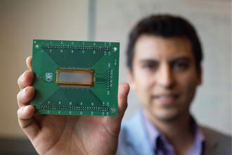 Study lead author Carlos Gerardo holding the new ultrasound transducer that could revolutionize ultrasounds.