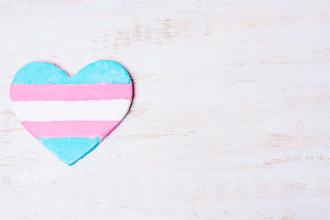 A heart with the transgender flag, with blue, pink, and white stripes