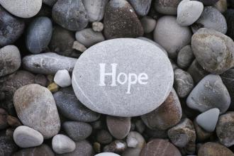Different sizes and shapes of rocks, including a large, flat, oval-shaped stone with the word "Hope" on it