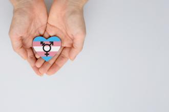 Open hands with a heart with the transgender flag on it