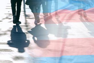 The transgender flag is overlaid on silhouettes walking
