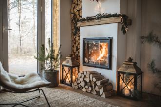 A cozy chair with a blanket in front of a fireplace.