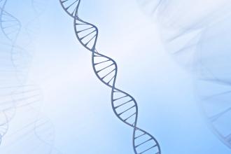 DNA Double helix, metal with white and blue background