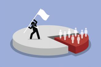 Illustration of one character putting up a flag while there are multiple characters in the smaller section of the pie chart