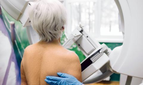 Woman having a mammography scan at a hospital 