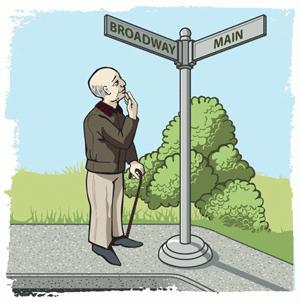 Illustration of a old man at Main & Broadway