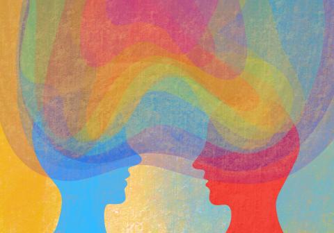 Silhouettes of two heads facing each other, with several swirls of colour emanating from each and connecting to each other