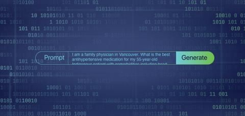 An AI dashboard with the prompt "I am a family physician in Vancouver. What is the best antihypertensive medication for my 55-year-old Indigenous patient with comorbidities including heart failure and chronic kidney disease?"