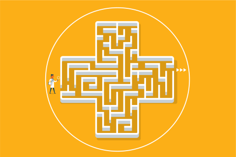 A doctor stands at the beginning of a maze.