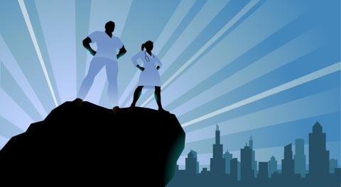 An illustration of two nurses with capes, standing over the city in superhero poses
