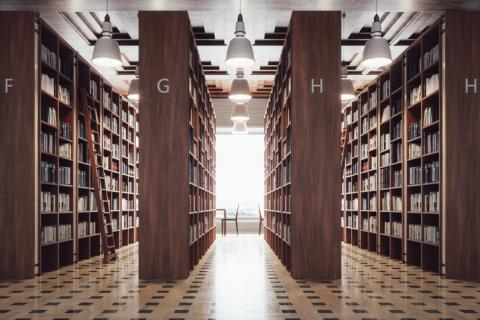 Book stacks in a library