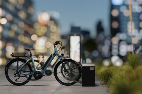 E-bikes at a charging station.