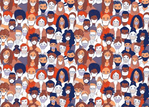 Diverse crowd of people wearing medical masks 