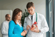 A doctor consults with a patient, using a model of a heart as a guide