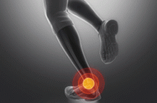 A runner is shown from the knee down, with emphasis on the Achilles tendon