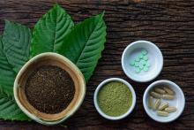 Kratom leaves beside dishes containing two different powders and two types of pills