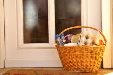 A basket of groceries on a doorstep