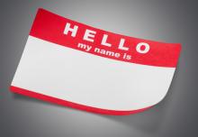 A name tag with the words "Hello, my name is"