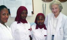 Dr Catherine Hamlin with three trainee midwives at the Hamlin Fistula Hospital, Ethiopia 2009. Photo: Lucy Horodny, AusAID / CC BY (https://creativecommons.org/licenses/by/2.0)