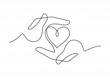 Continuous line drawing of heart between two human hands 