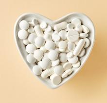 Heart shaped bowl of white pills